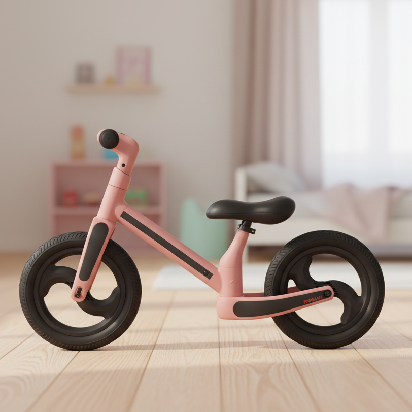 Rosa Laufrad für Kinder steht in einem hellen, modern eingerichteten Kinderzimmer mit Holzfußboden