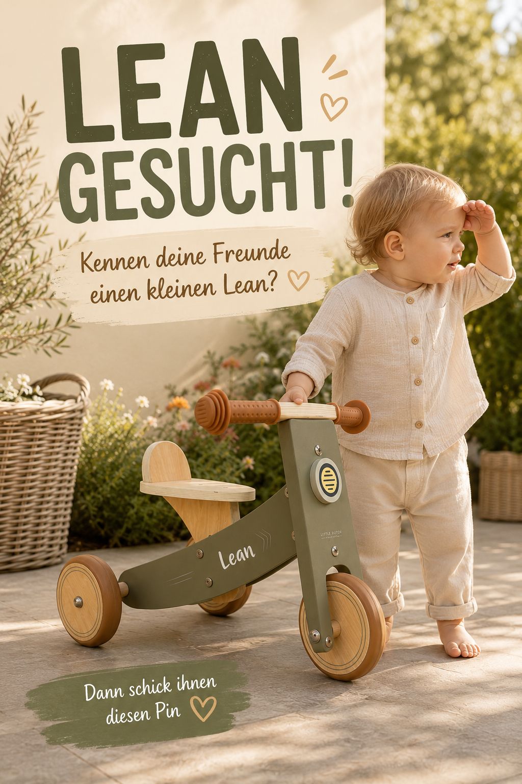 Pinterest Motiv Lean gesucht mit personalisiertem Holz-Dreirad mit Name als Geschenk für Kleinkinder