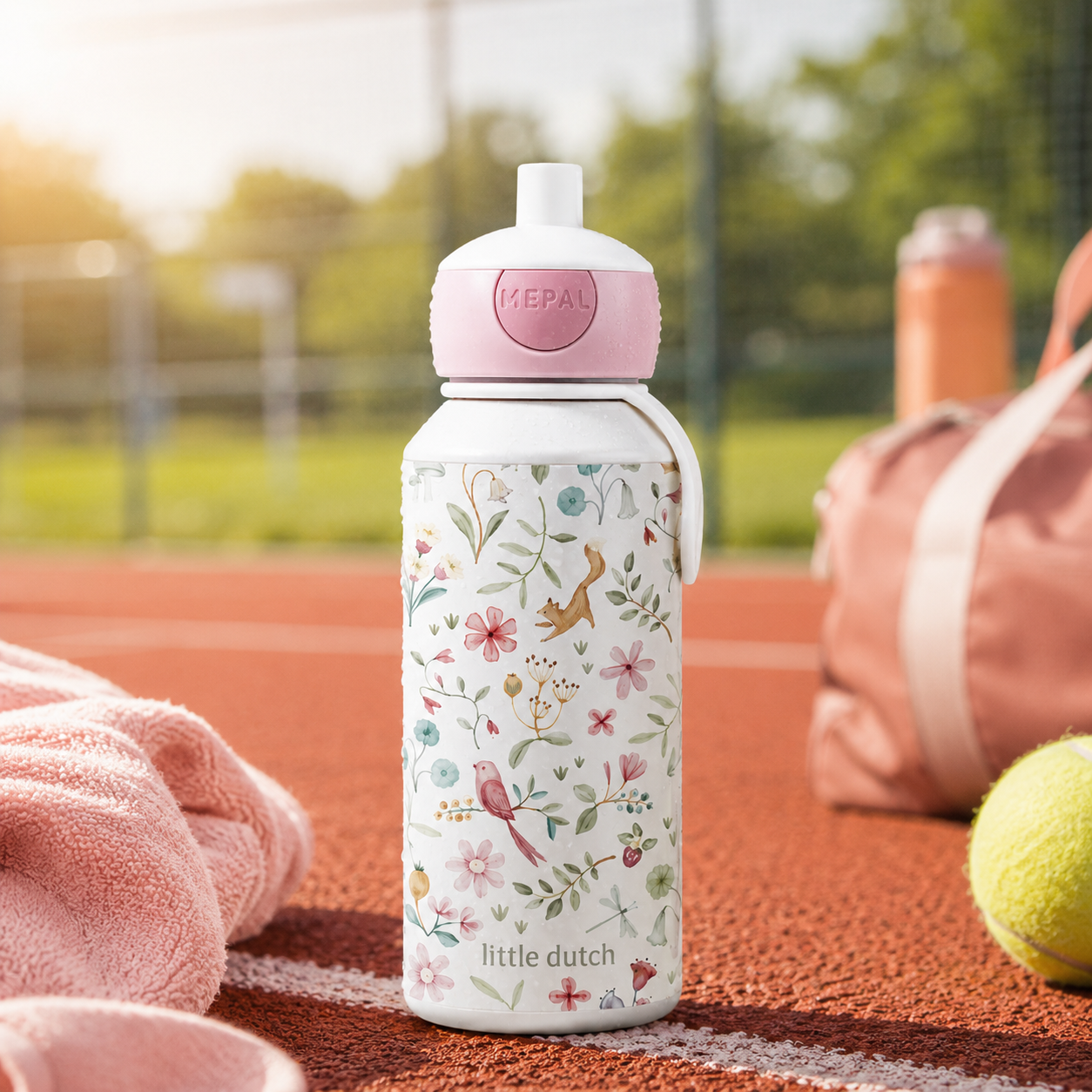 Little Dutch Trinkflasche Fairy Wonders mit rosa Mepal Verschluss auf Sportplatz mit Handtuch und Tennisball
