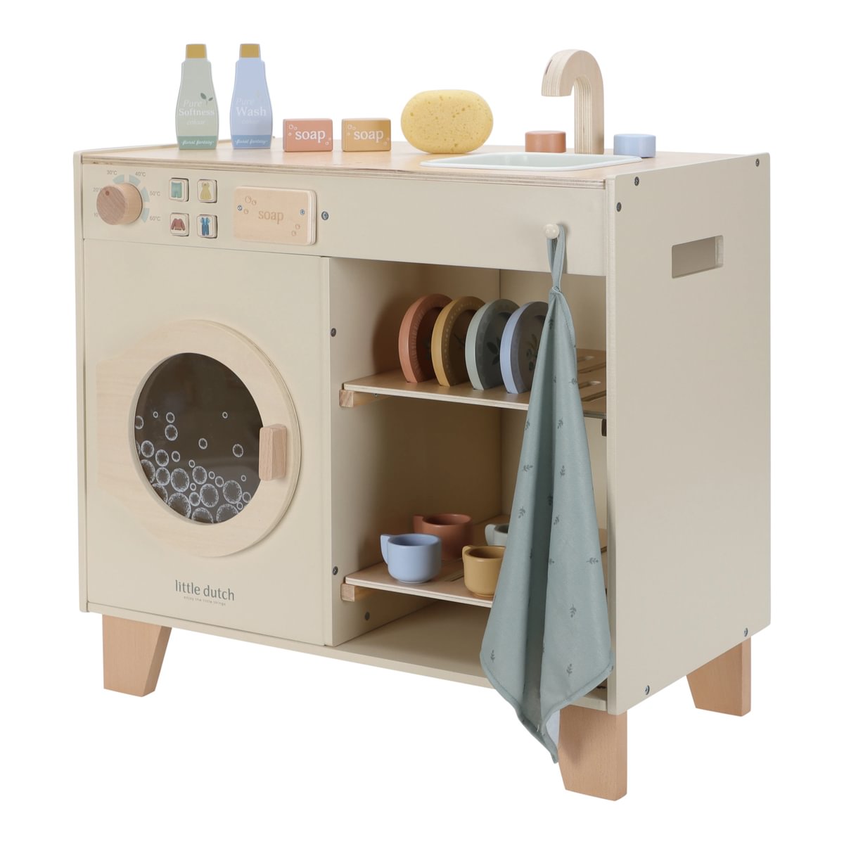 Little Dutch Waschmaschine aus Holz mit Spülbecken, Geschirr und Zubehör in der Produktansicht