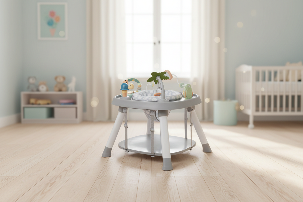 Multi Spielcenter in Grau fuer Babys mit abwechslungsreichen Spielelementen zur Foerderung von Motorik, Sinneswahrnehmung und spielerischer Entwicklung