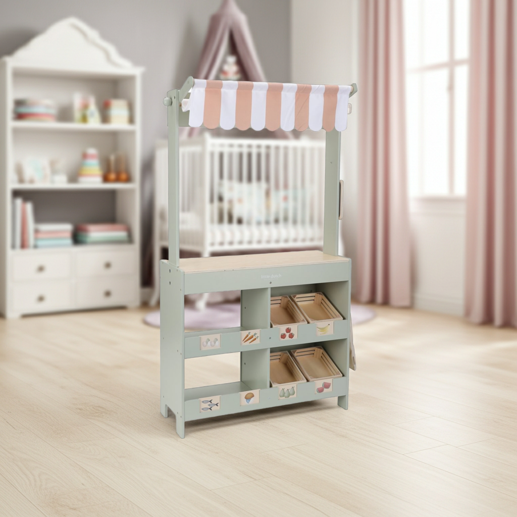 Marktstand & Café aus Holz – 2-in-1 Spielstand