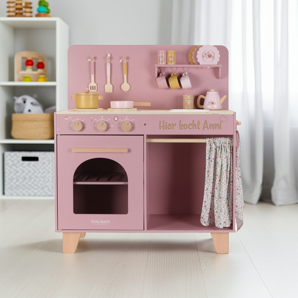 Personalisierte Kinderkueche aus Holz fuer fantasievolle Rollenspiele im Kinderzimmer mit Herd, Ofen und Zubehoer