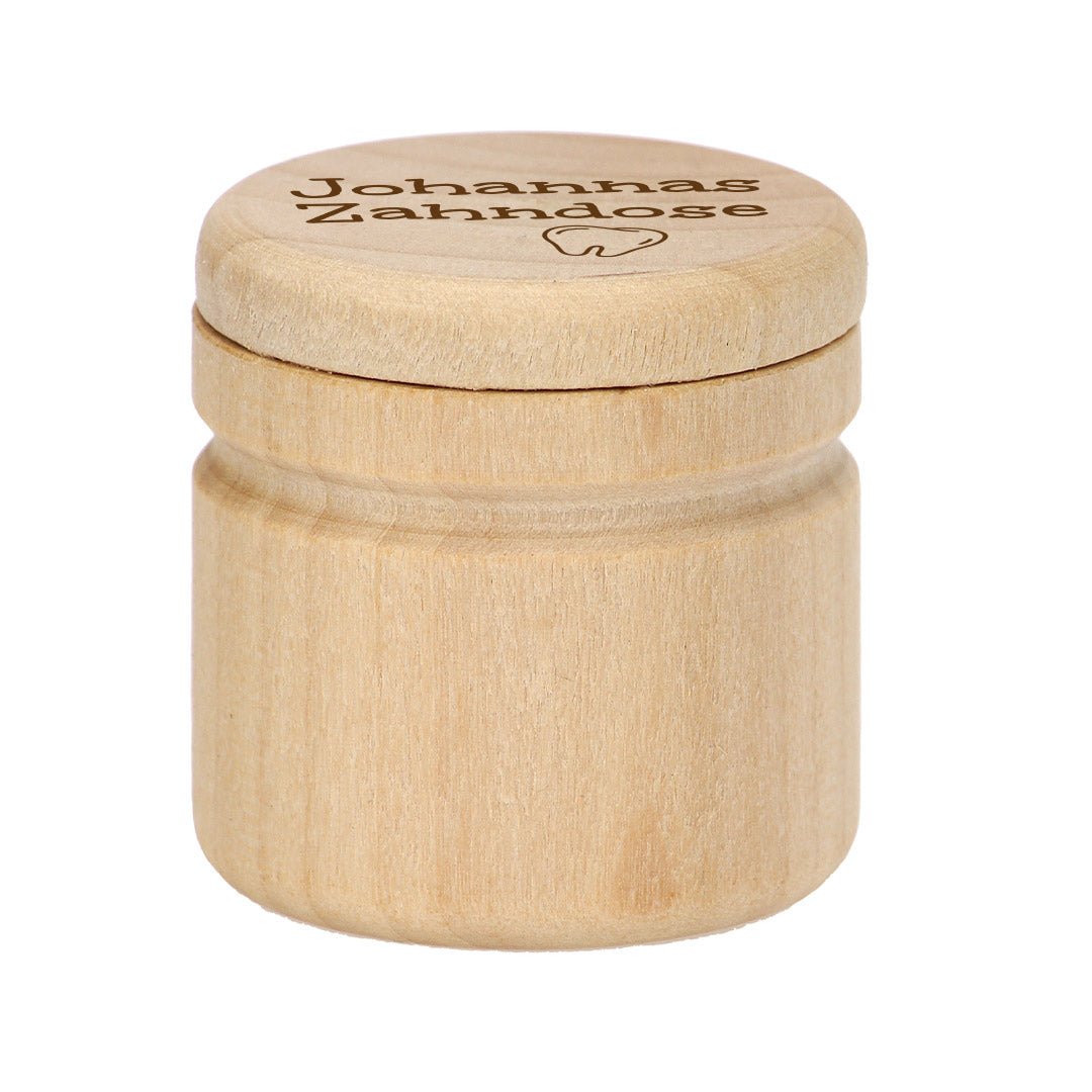 Runde Zahndose aus Holz mit Name und Zahn-Motiv – personalisierte Aufbewahrung für ausgefallene Milchzähne