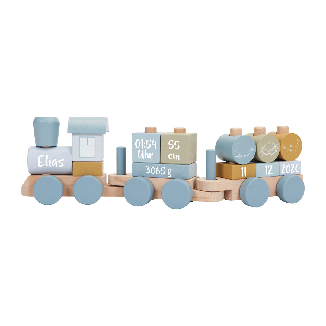 Personalisierter Holzzug in Ocean Blau mit Lokomotive und Waggons aus Holz