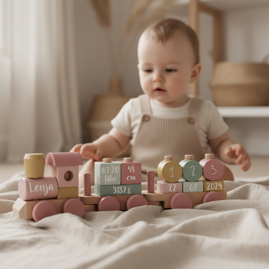 Baby sitzt vor einem personalisierten Holzzug mit dem Namen Lenja sowie Geburtsdatum, Uhrzeit, Größe und Gewicht in Rosa und Naturholz.