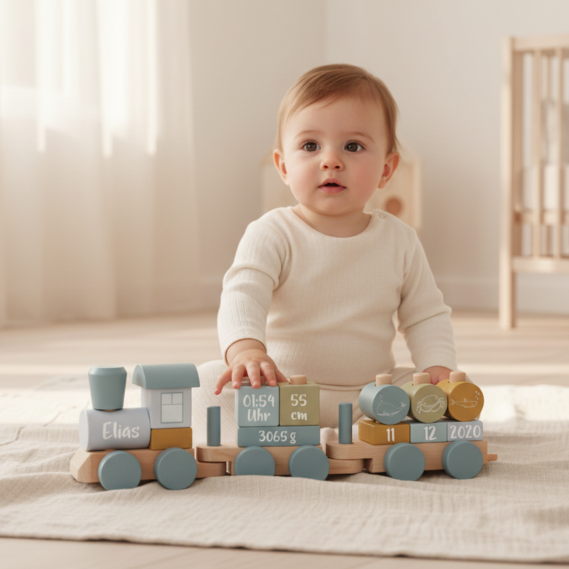 Baby mit blauem Holzzug, personalisiert mit Name und vollständigen Geburtsdaten