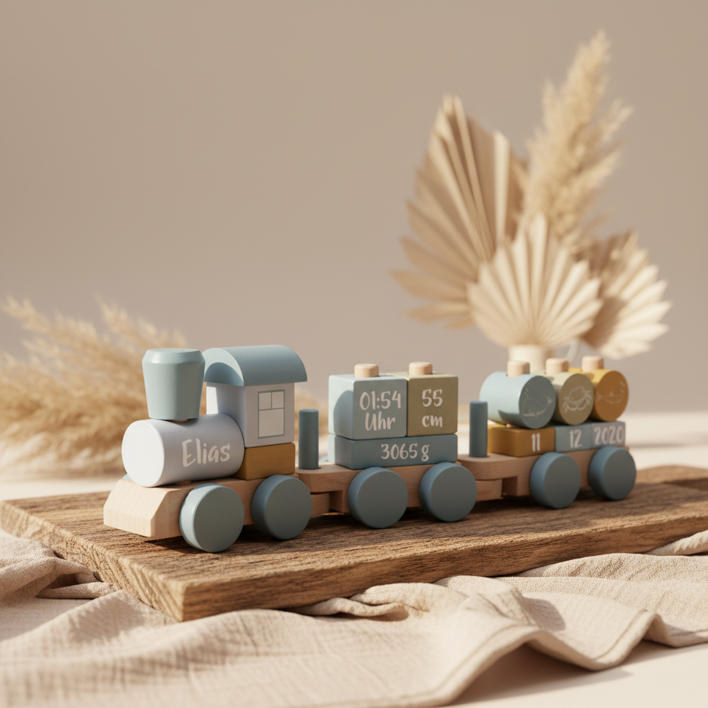Personalisierter Holzzug Ocean Blau mit Geburtsdaten als Erinnerung zur Geburt