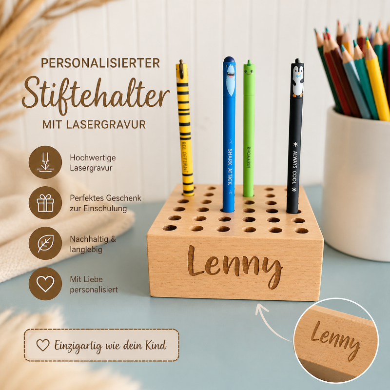 Personalisierter Stiftehalter aus Holz mit Lasergravur und Name – edle und langlebige Gravur, ideal als Geschenk zur Einschulung