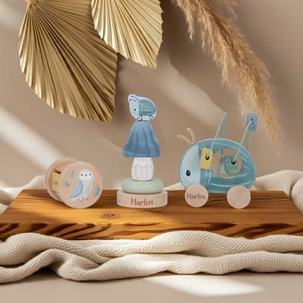 Personalisiertes Holzspielzeug Set mit Eule und Stapelturm als liebevolles Babygeschenk zur Geburt oder Taufe