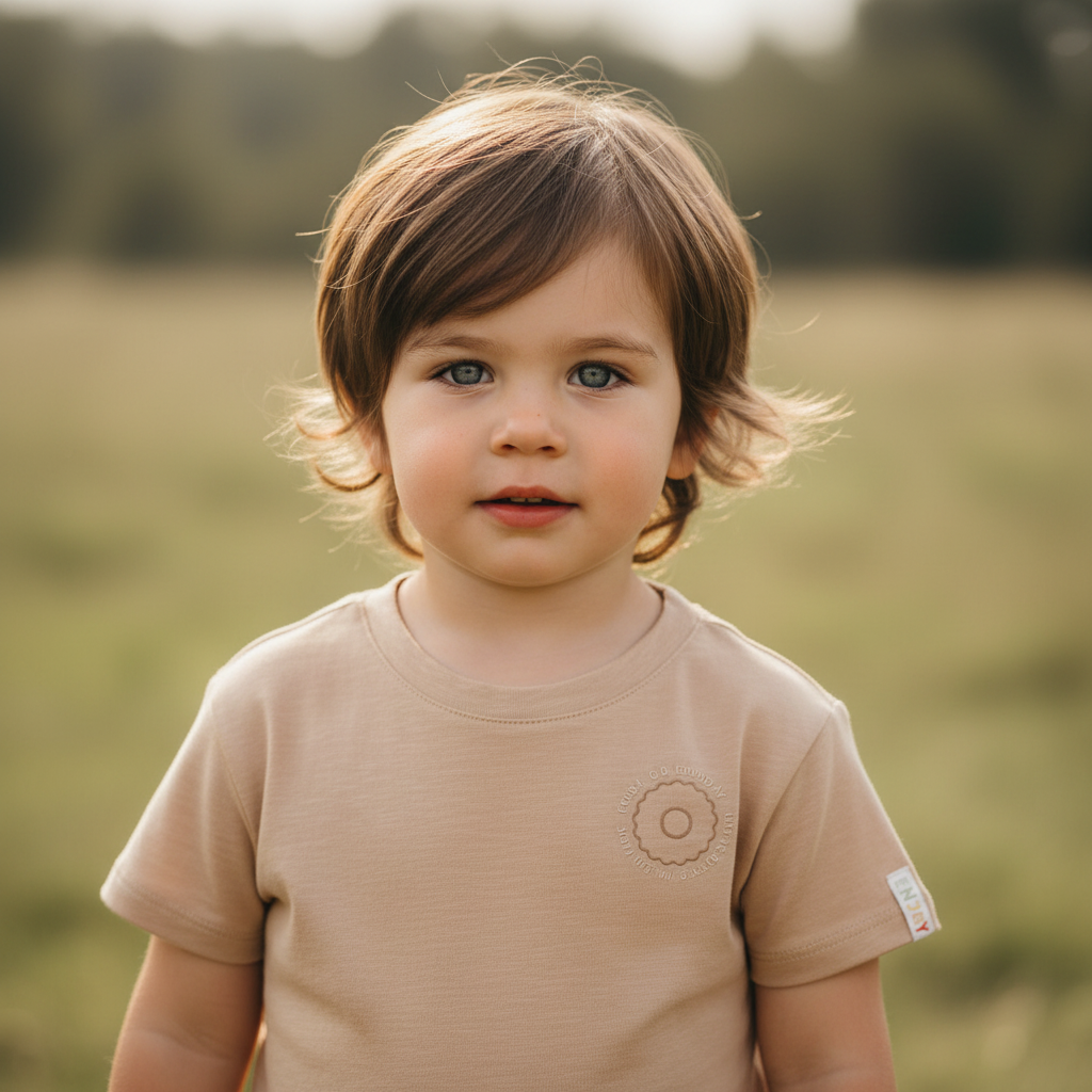 Kleinkind trägt ein beiges personalisierbares Kinder-T-Shirt und steht in einer natürlichen Outdoor-Kulisse mit weichem Hintergrund. Das Shirt bietet Platz für einen individuellen Namen auf der Brust und eignet sich als persönliches Geschenk für Kinder.