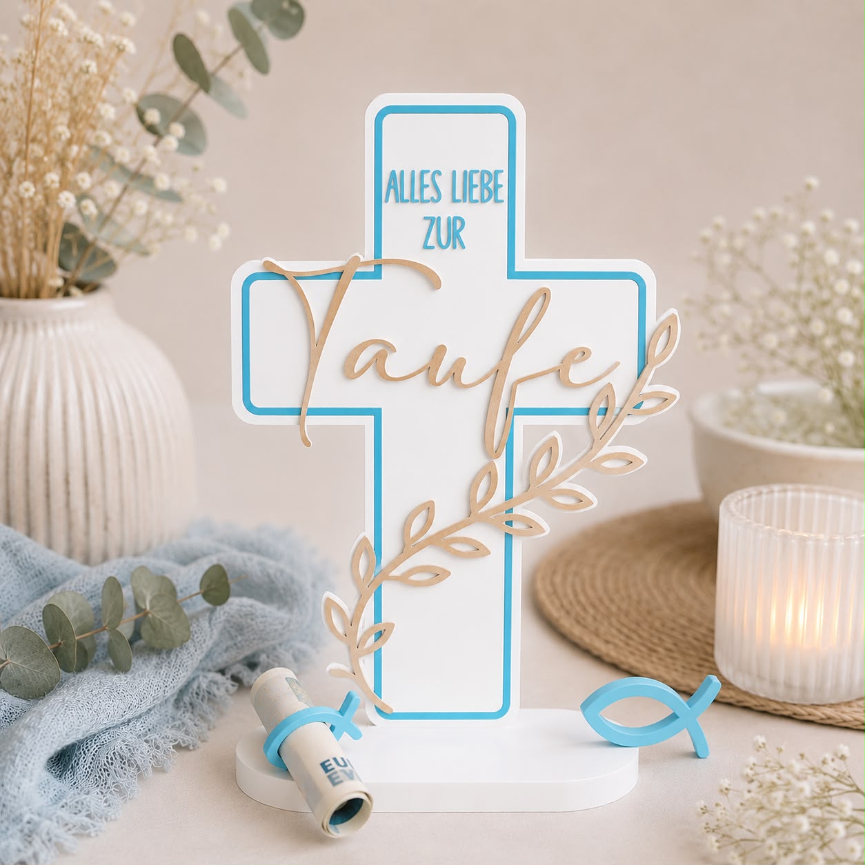 Personalisiertes Taufkreuz in Blau mit Namen und Rankenverzierung als Geldgeschenk zur Taufe