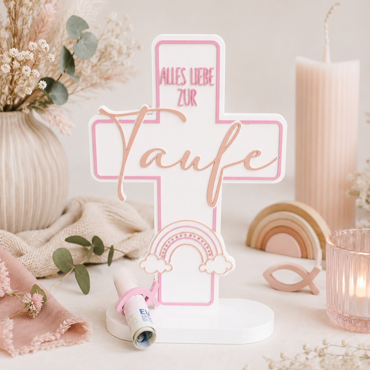 Personalisiertes Taufkreuz in Rosa mit Namen und Regenbogen Motiv als Geldgeschenk zur Taufe