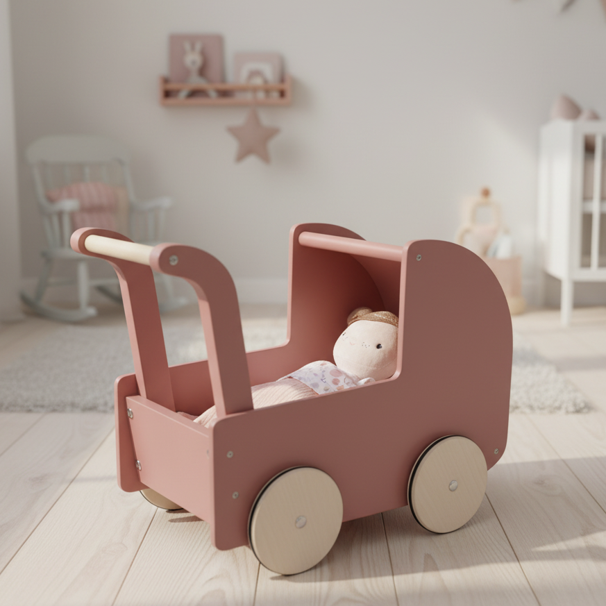Hochwertiger Puppenwagen aus Holz mit Kissen, Decke und Bettwäsche im Kinderzimmer. Beliebtes Geschenk für Mädchen zum Geburtstag, zu Weihnachten oder zur Taufe. Fördert fantasievolle Rollenspiele, Kreativität und die motorische Entwicklung und ist gleichzeitig ein stilvoller Blickfang im Kinderzimmer.