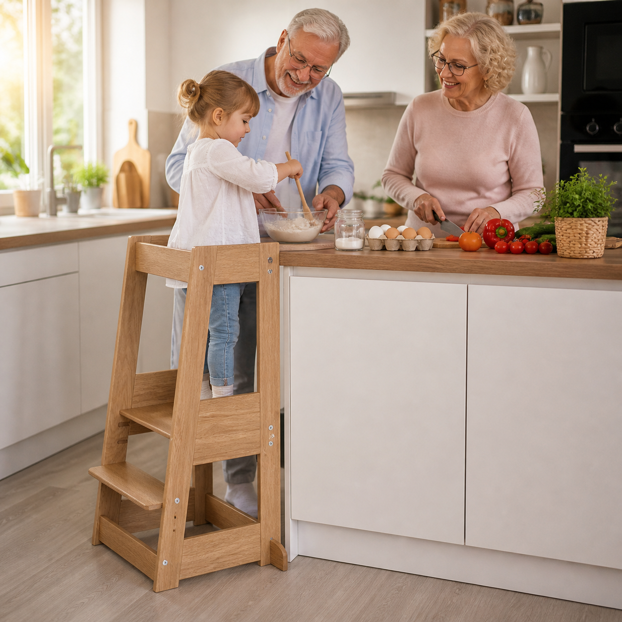Detailbild des tiSsi Lernturm Felix aus Eiche mit höhenverstellbarem Standbrett und Fußbrett für Kinder