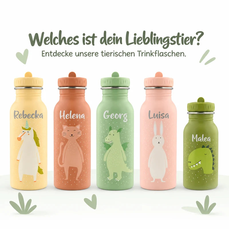 Fünf personalisierte Trixie-Trinkflaschen mit Einhorn, Katze, Drache und Hase in 500 ml sowie dem kleineren Dino in 350 ml unter „Welches ist dein Lieblingstier?“