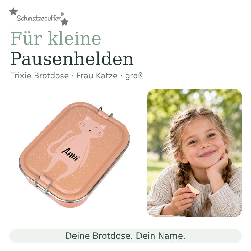 Trixie Brotdose Frau Katze groß mit dem Namen Anni neben einem Kind bei der Snackpause
