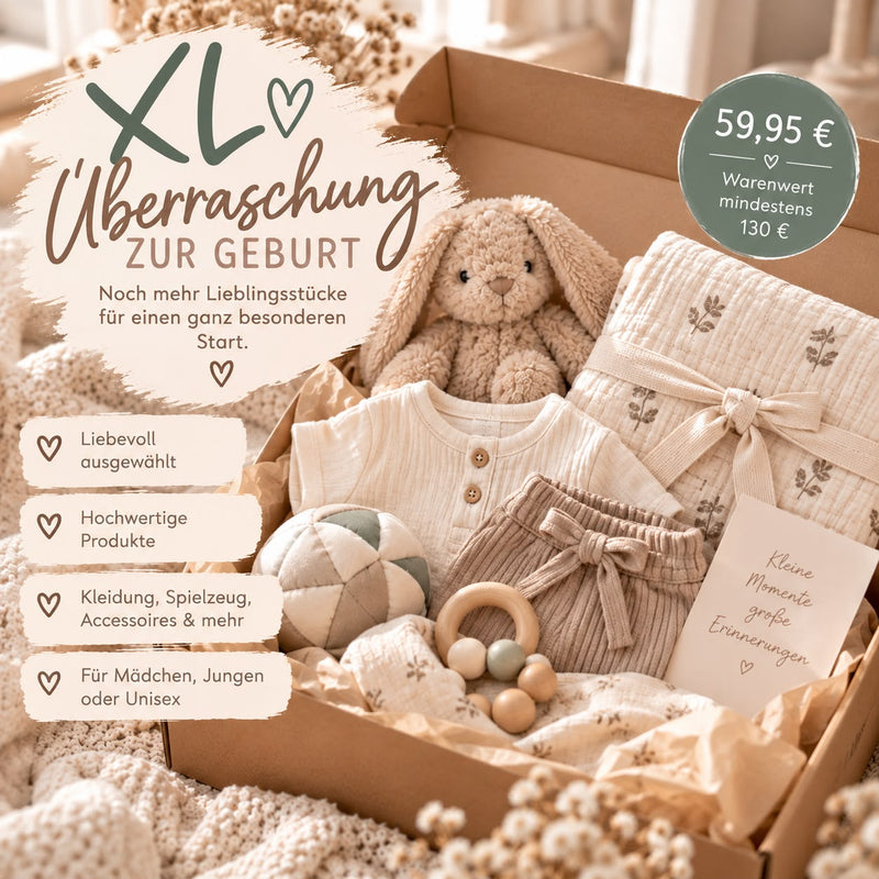 Überraschungsbox zur Geburt mit Babykleidung, Kuschelhase und Accessoires als Beispielinhalt – mindestens 130 € Warenwert für 59,95 €