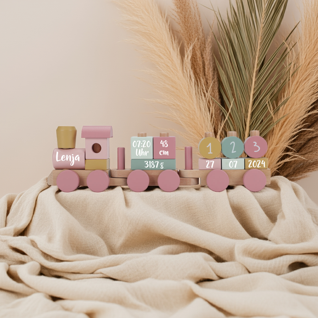 Train en bois personnalisé Jardin enchanté – Cadeau de naissance