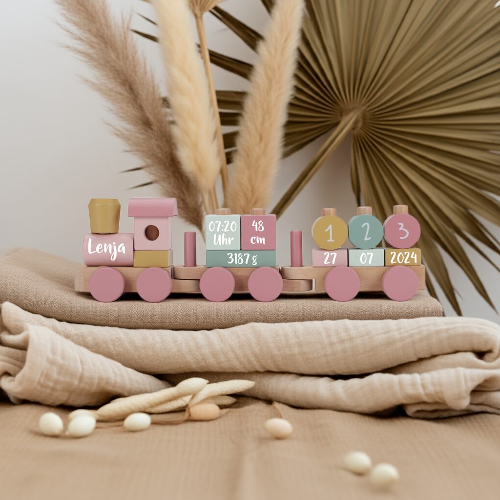 Train en bois personnalisé Jardin enchanté – Cadeau de naissance