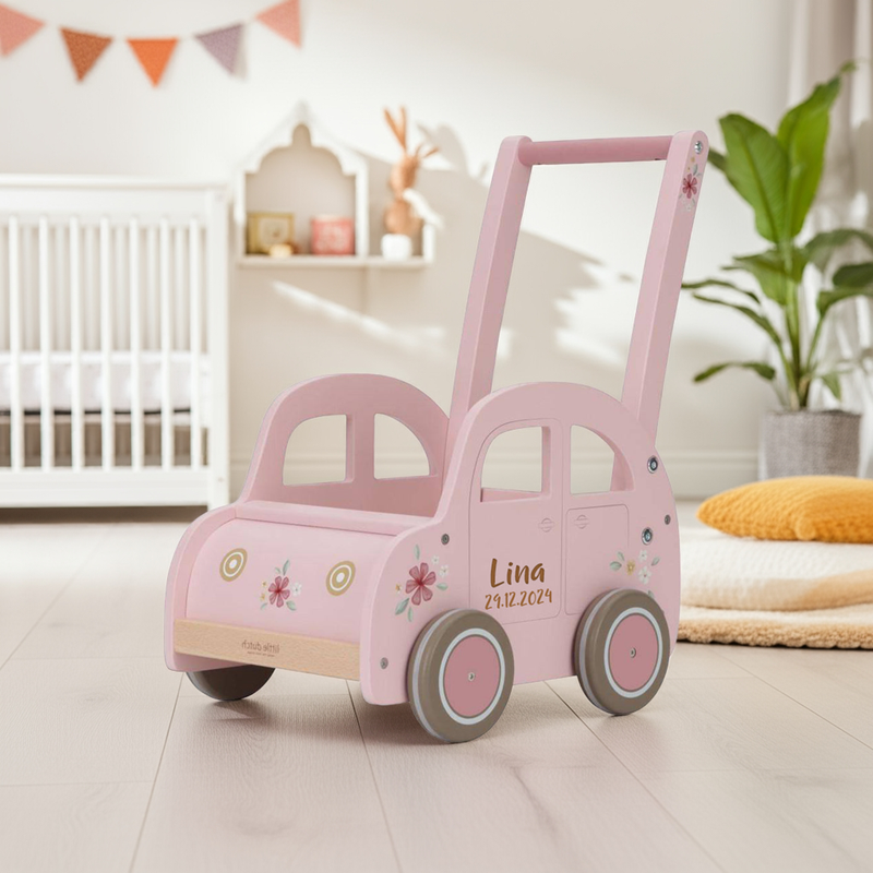 Chariot de marche rose personnalisable avec prénom et date de naissance