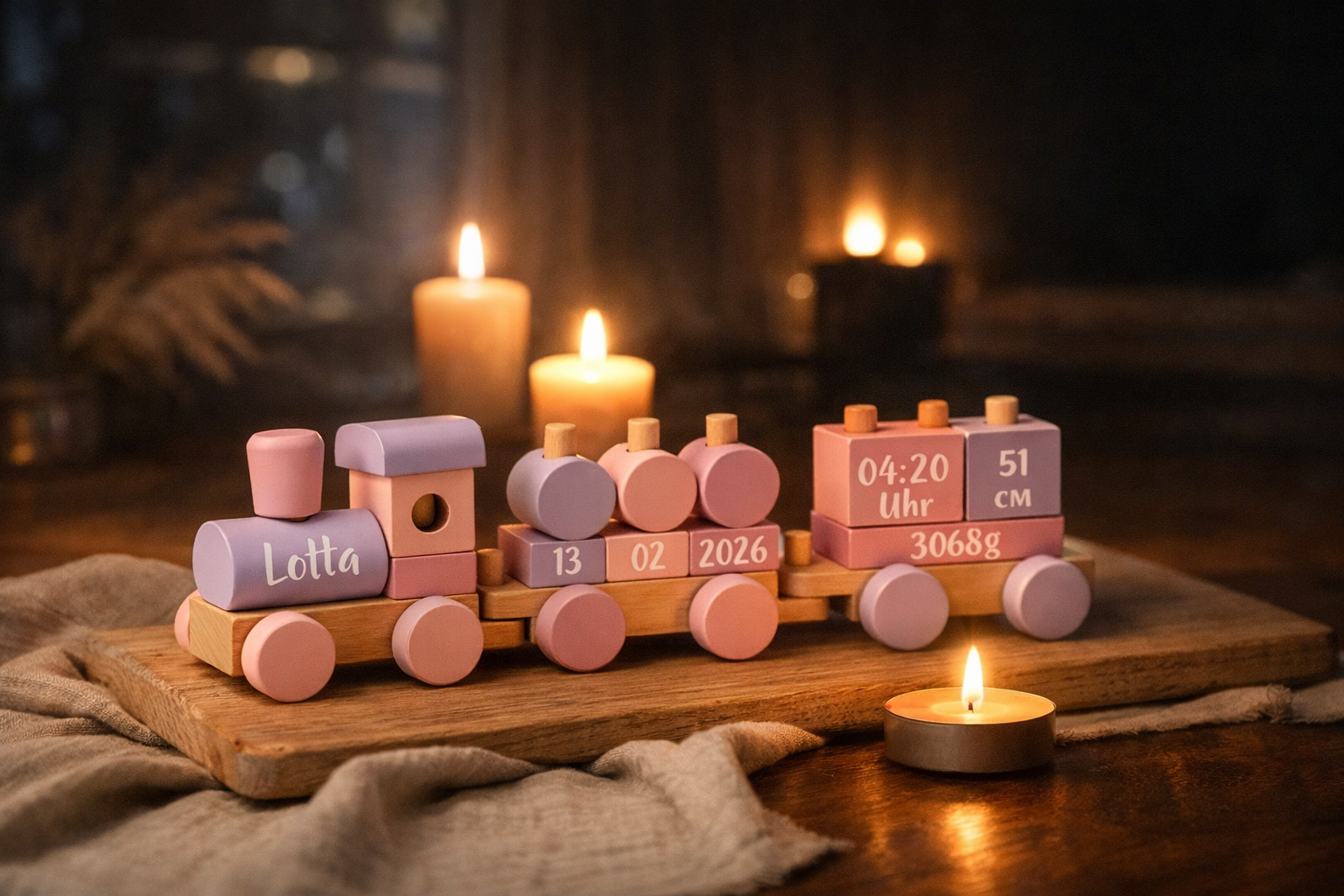 Personalisiertes Geschenk zur Geburt: Holzspielzeug-Zug mit Namen im Kerzenlicht während eines Stromausfalls – emotionales Babygeschenk von Schmatzepuffer