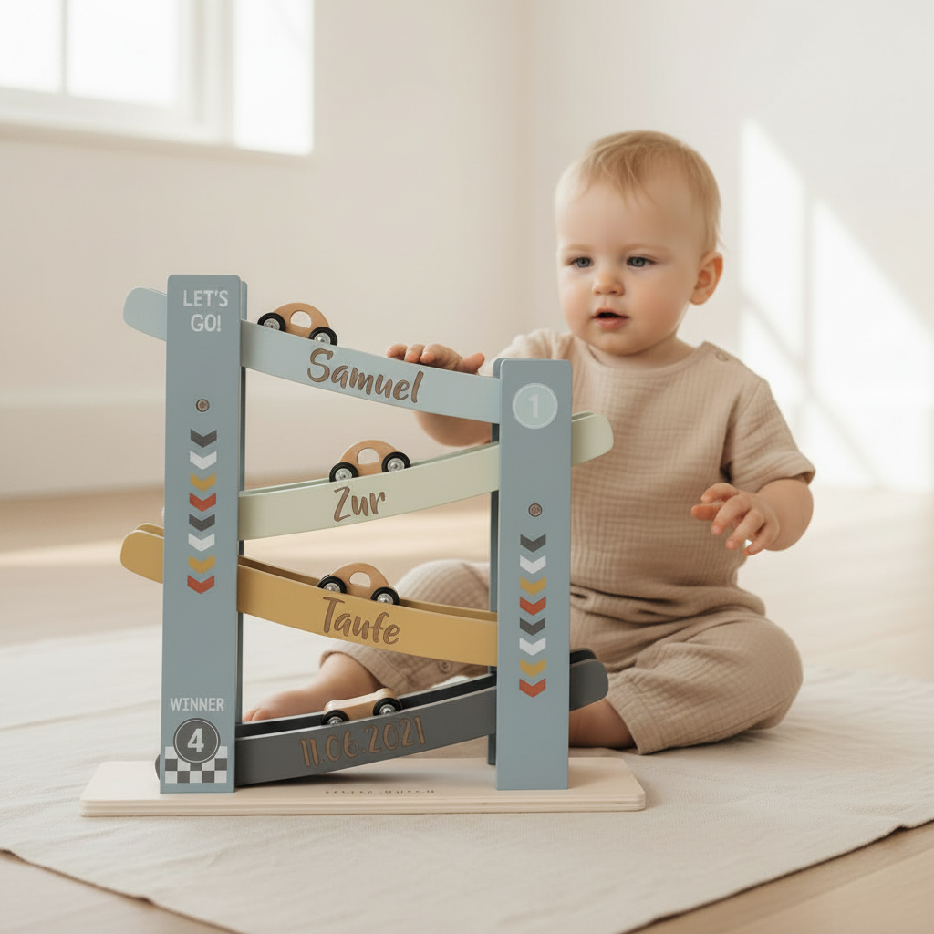 Baby mit personalisierter Kugelbahn aus Holz – Geschenk zur Taufe mit Name