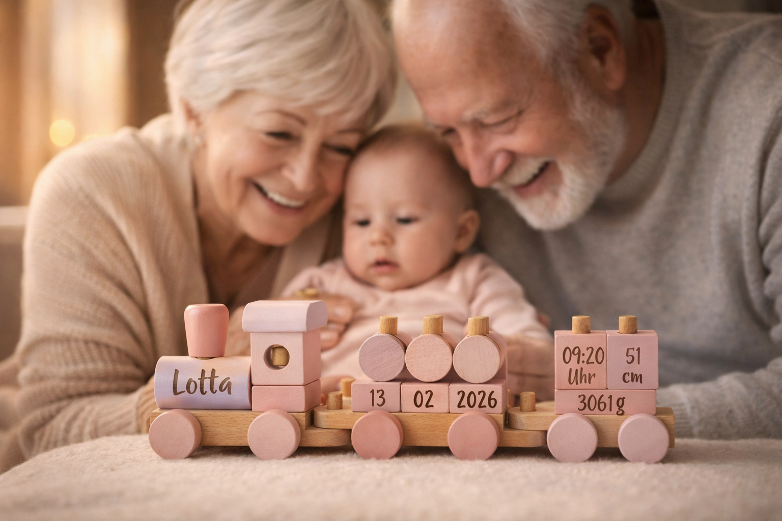 Liebevolle Großeltern mit Baby und personalisiertem Holzzug mit Name und Geburtsdaten als besonderes Geschenk zur Geburt von Oma und Opa
