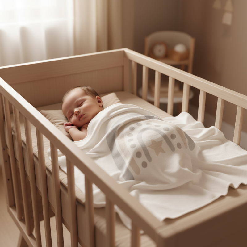 Neugeborenes schläft sicher in einem Babybett mit Babyschlafsack – wichtige Grundlage für einen sicheren Babyschlaf und die Baby-Erstausstattung nach der Geburt.