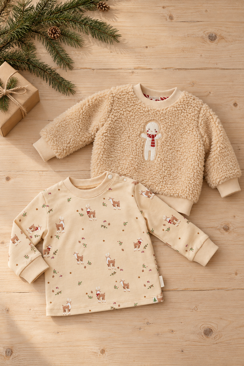 Weihnachtskleidung für Babys mit Rentier- und Lebkuchenmotiv – gestaltet auf Basis der Originalproduktbilder