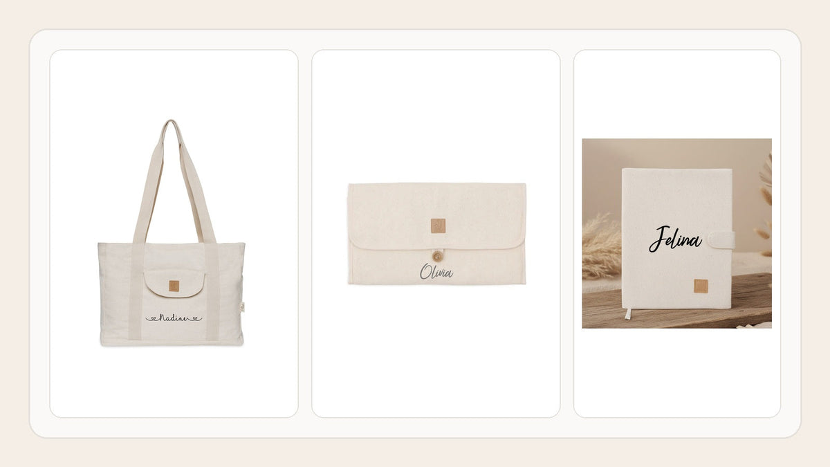 Wickeltasche, faltbare Wickelunterlage und Mutterpasshülle in einer ruhigen cremefarbenen Produktcollage