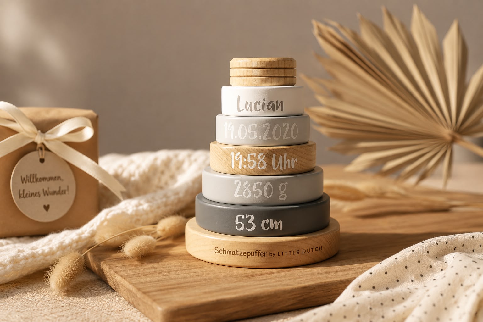 Personalisierter Stapelturm mit Name und Geburtsdaten als Geschenk zur Geburt für Freunde, Kollegen, Nachbarn und Bekannte