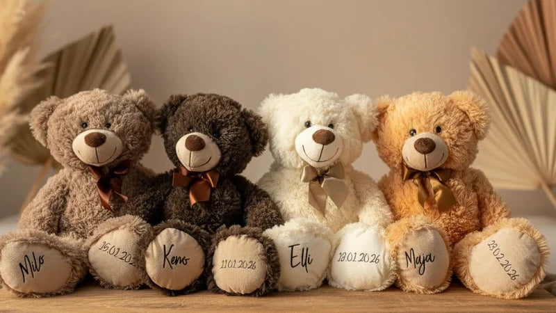 Personalisierte Teddybären mit Namen und Geburtsdaten als Geschenk zur Geburt für Babys