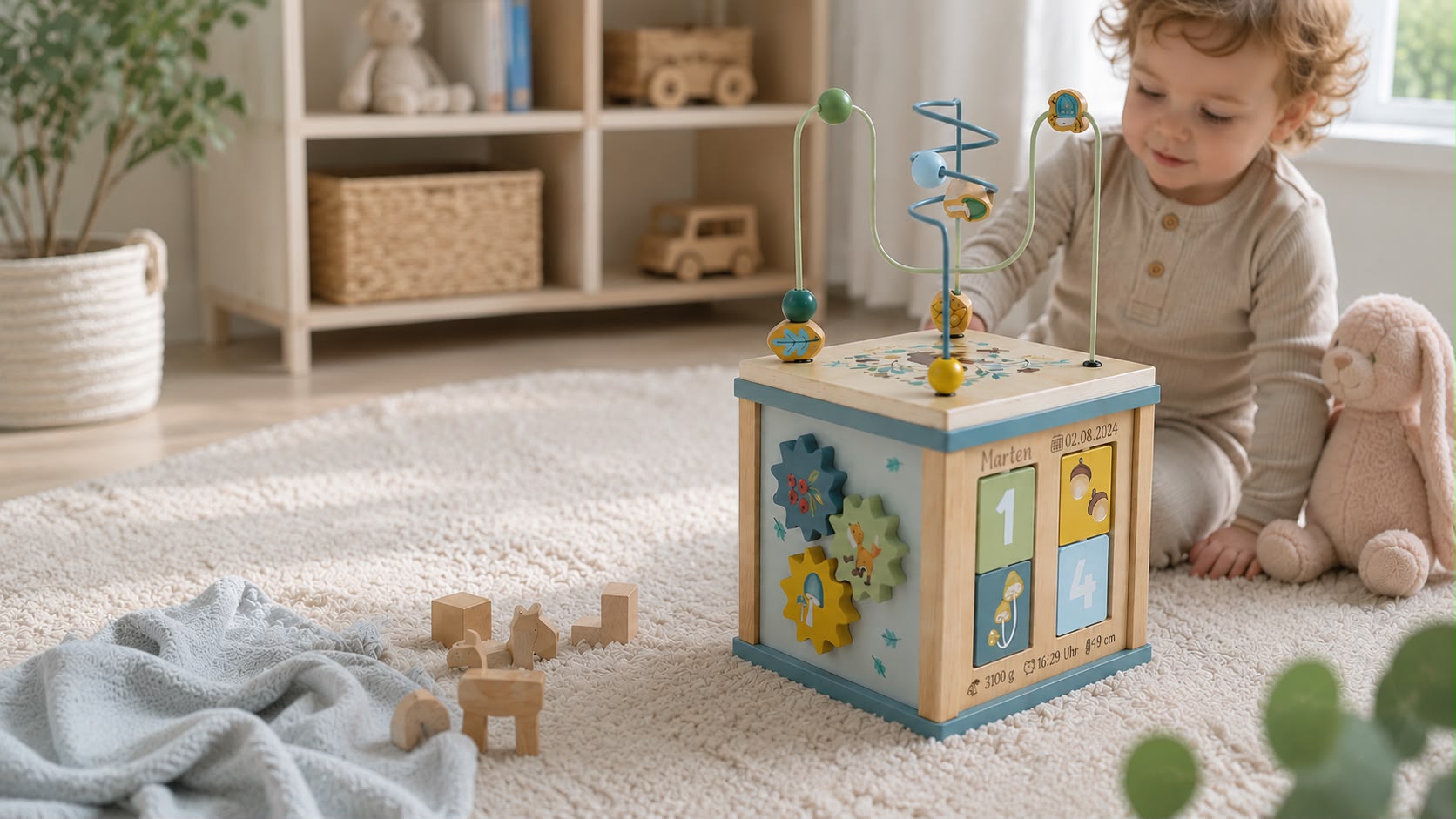 Personalisierter Motorikwürfel aus Holz im Babyzimmer mit spielendem Kleinkind. Symbolbild für den Schmatzepuffer Familienreport 2026 über Trends bei personalisierten Babygeschenken, Geburt, Taufe und hochwertigem Holzspielzeug.