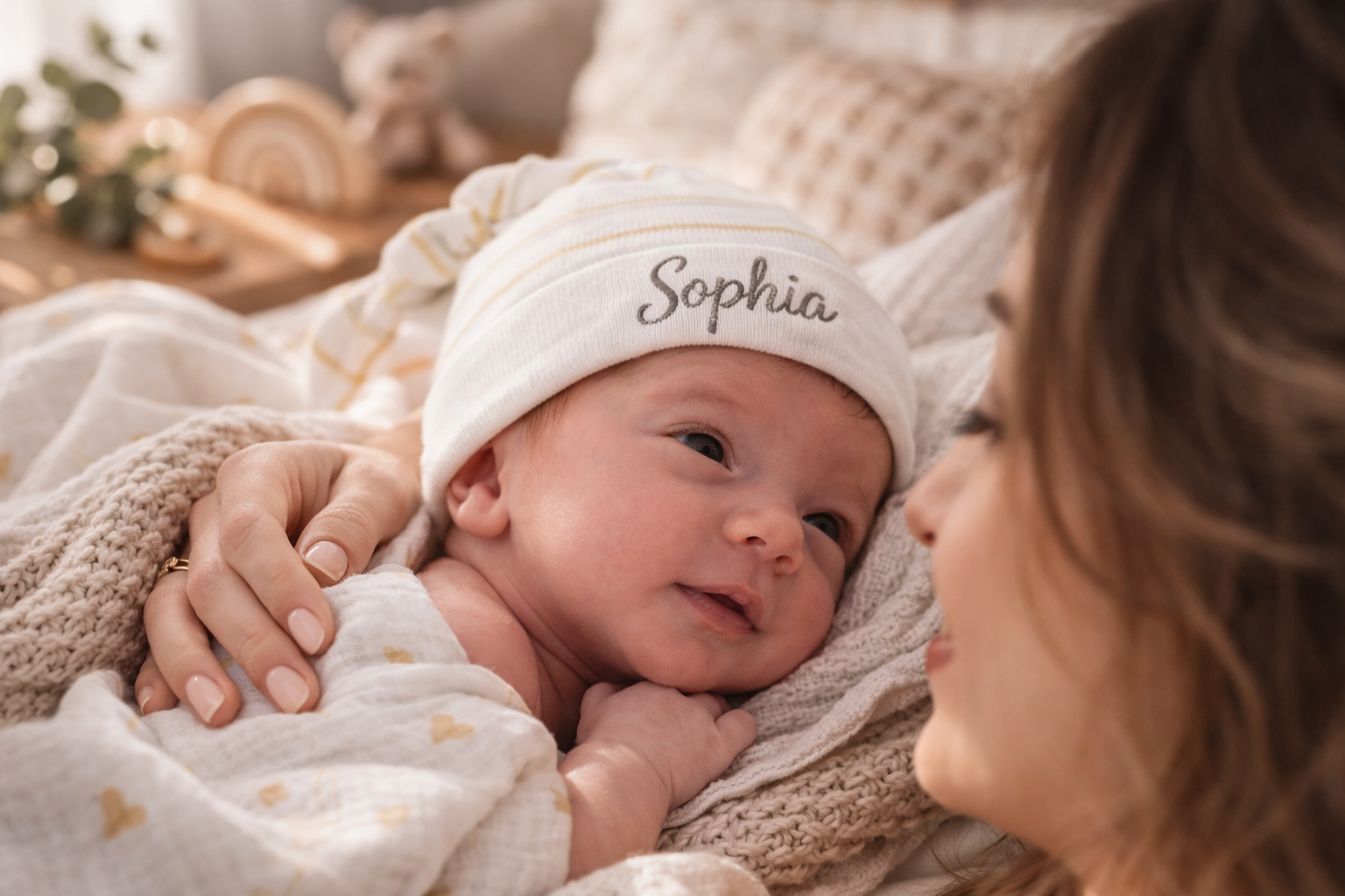 Neugeborenes Baby mit personalisierter Mütze im Arm der Mutter – erste Wochen nach der Geburt, Wochenbett, Stillzeit, Babyschlaf und wichtige Fragen für frischgebackene Eltern