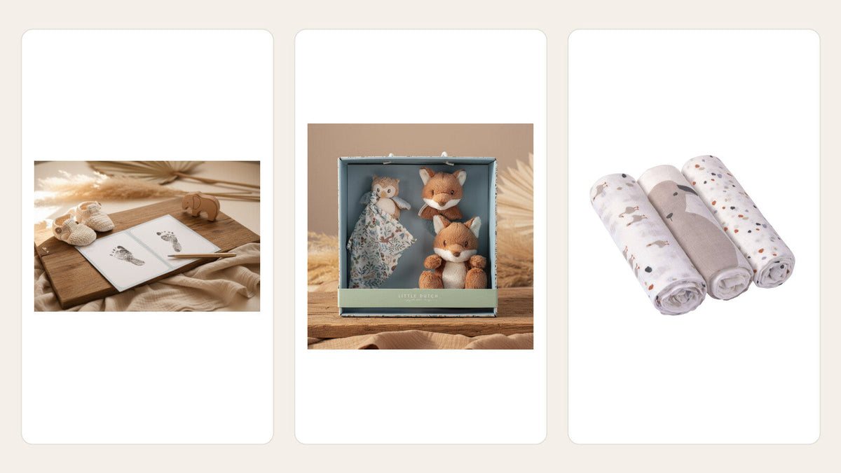 Drei Originalprodukte für einen achtsamen Wochenbettbesuch: Erinnerungsbox, Baby-Geschenkset und Musselintücher