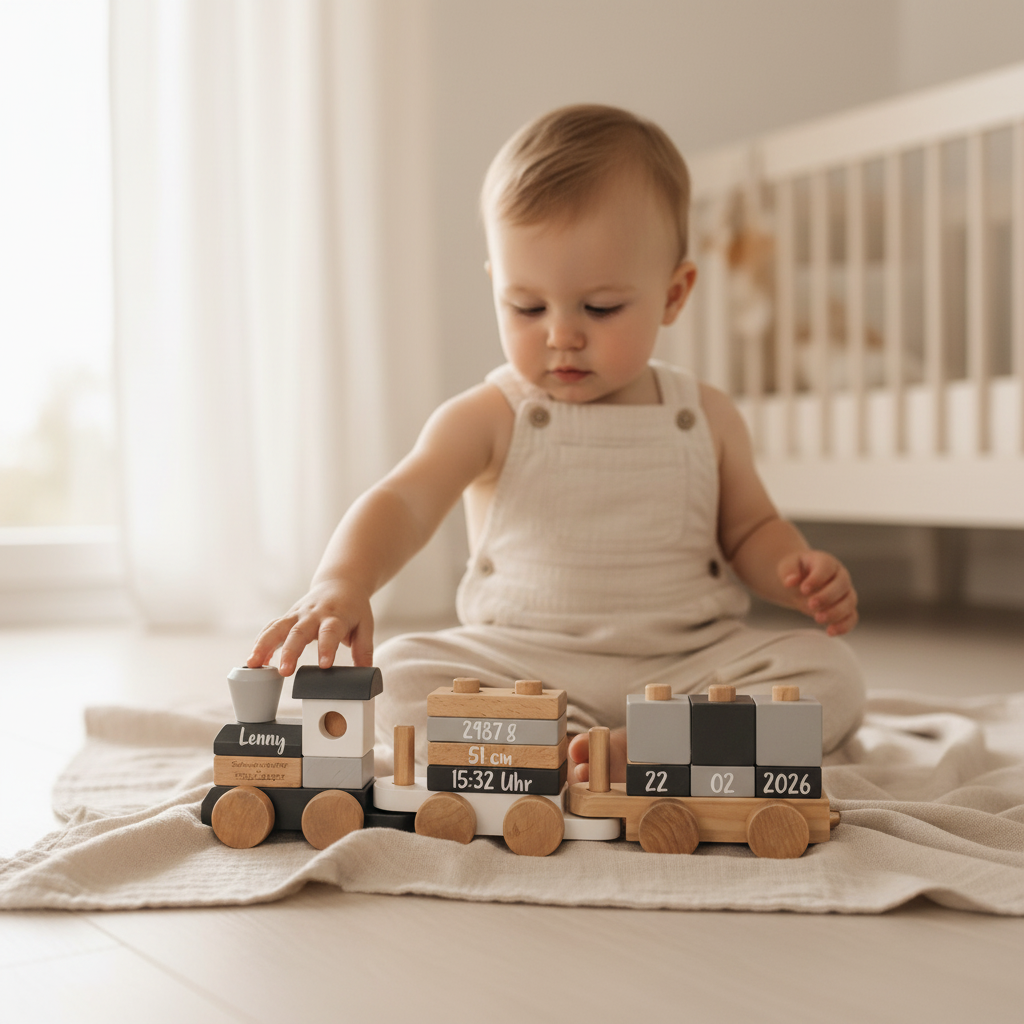 Holzzug personalisiert mit Name und Geburtsdaten – Geschenk zur Geburt