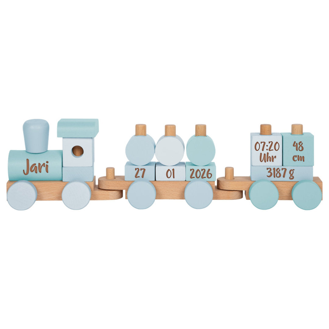 Personalized Wooden Train Blue - Birth Gift with Name | Schmatzepuffer