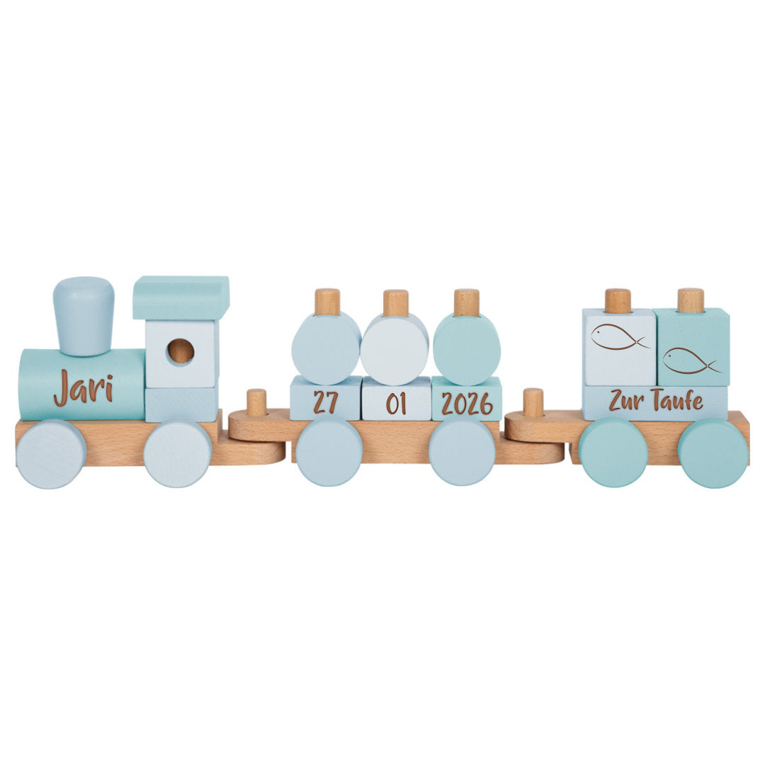Personalisierter Holz-Zug blau - Geschenk zur Taufe