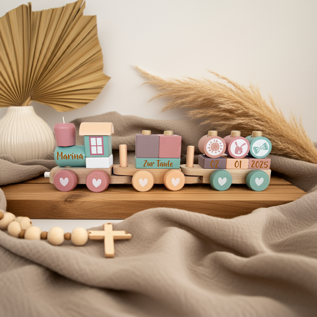Personalisierter Holz-Zug Adventure Pink - Geschenk zur Taufe