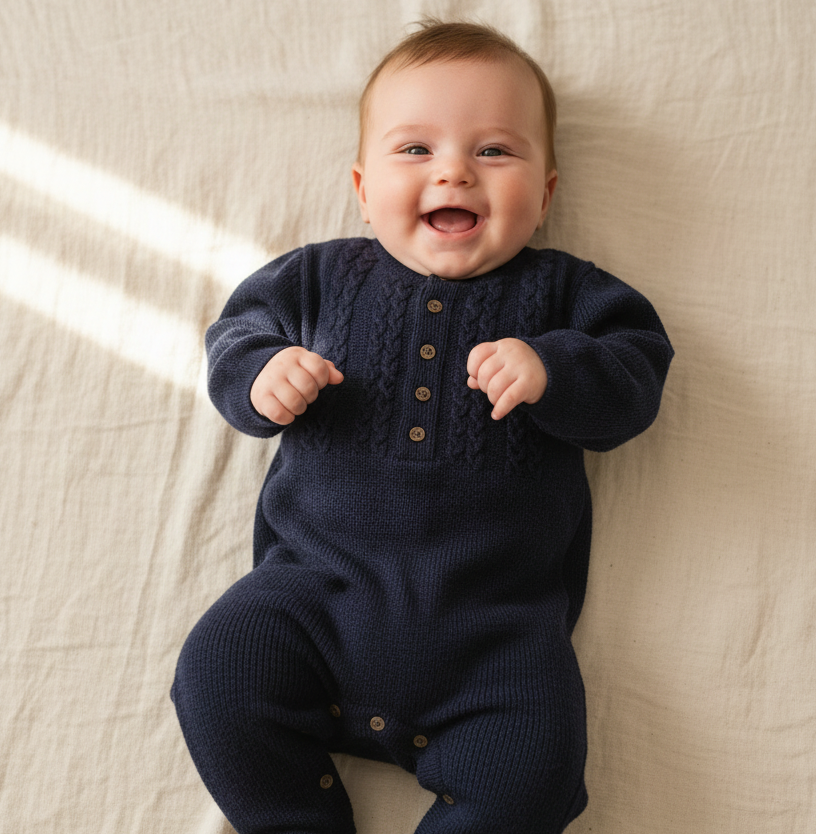 Grenouillère tricotée « Navy », bleu, taille 86-92 | leevje
