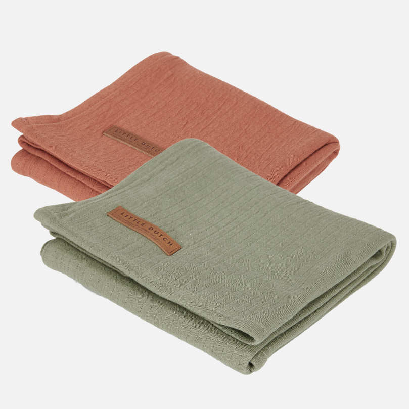 Muslin cloth swaddle set of 2 Pure Olive/Rust | Little Dutch