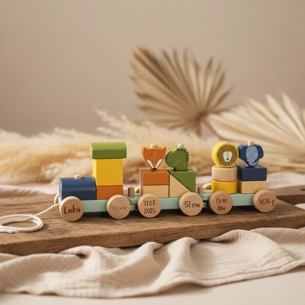 Train en bois avec animaux – Cadeau de naissance | Schmatzepuffer