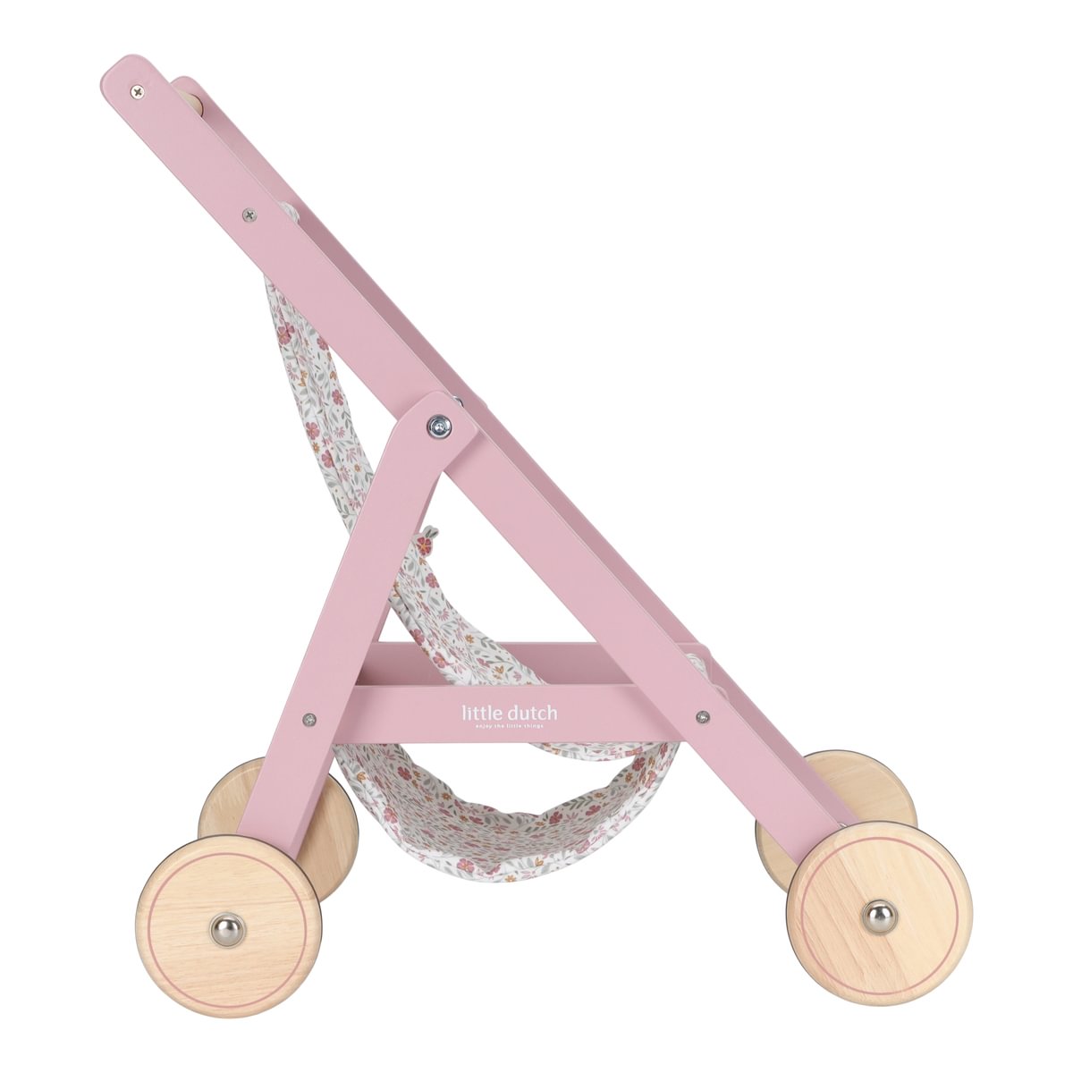 Holz Puppenbuggy in Rosa im Seitenprofil. Robuster Puppenwagen für Kinder als Geschenkidee für fantasievolle Rollenspiele, Spaziergänge mit Puppen und kreativen Spielspaß im Kinderzimmer.