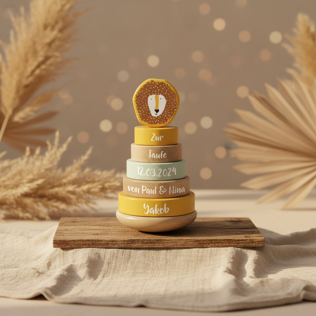 Stapelturm Holz Herr Löwe – Geschenk zur Taufe | Schmatzepuffer