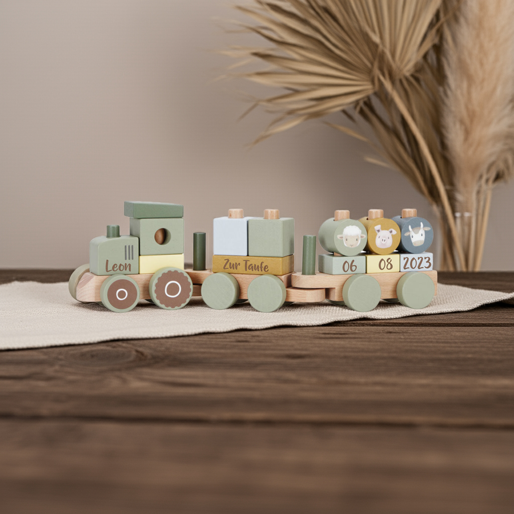 Train en bois personnalisé Little Farm avec nom – Cadeau de baptême | Schmatzepuffer
