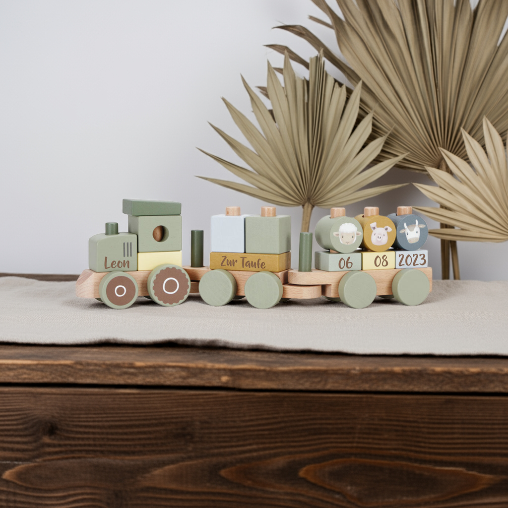 Train en bois personnalisé Little Farm avec nom – Cadeau de baptême | Schmatzepuffer