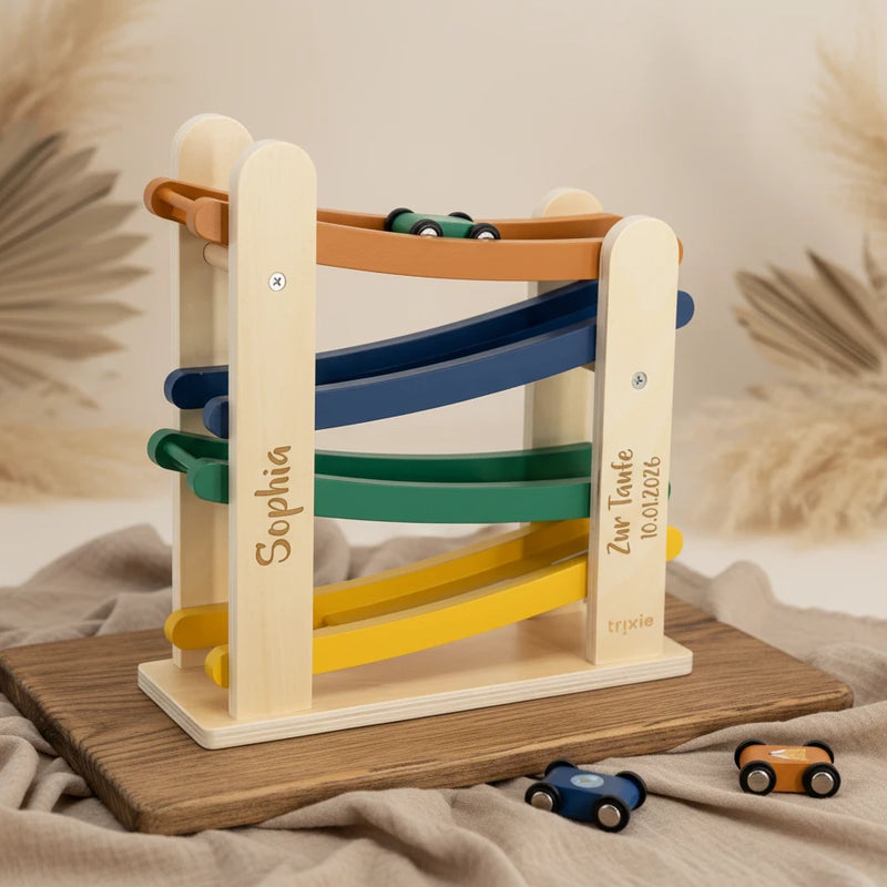 Kugelbahn Holz mit 4 Autos – Geschenk zur Taufe | Schmatzepuffer