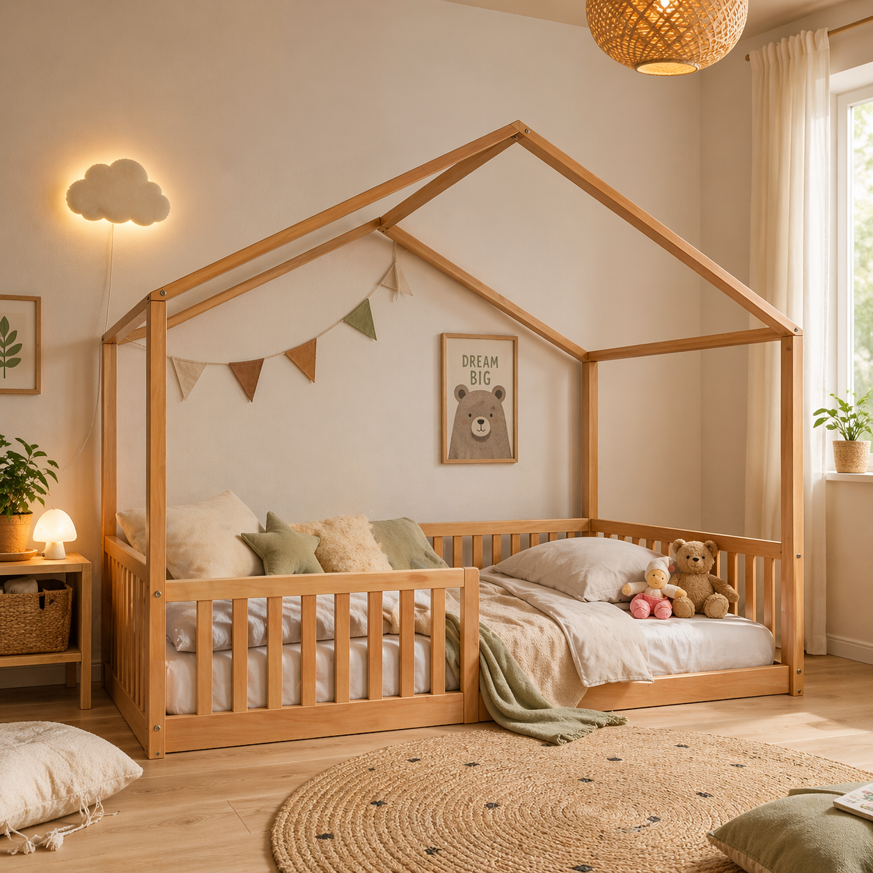 Montessori Hausbett 140x200 aus Buche natur – Bodenbett mit optionalem Dach
