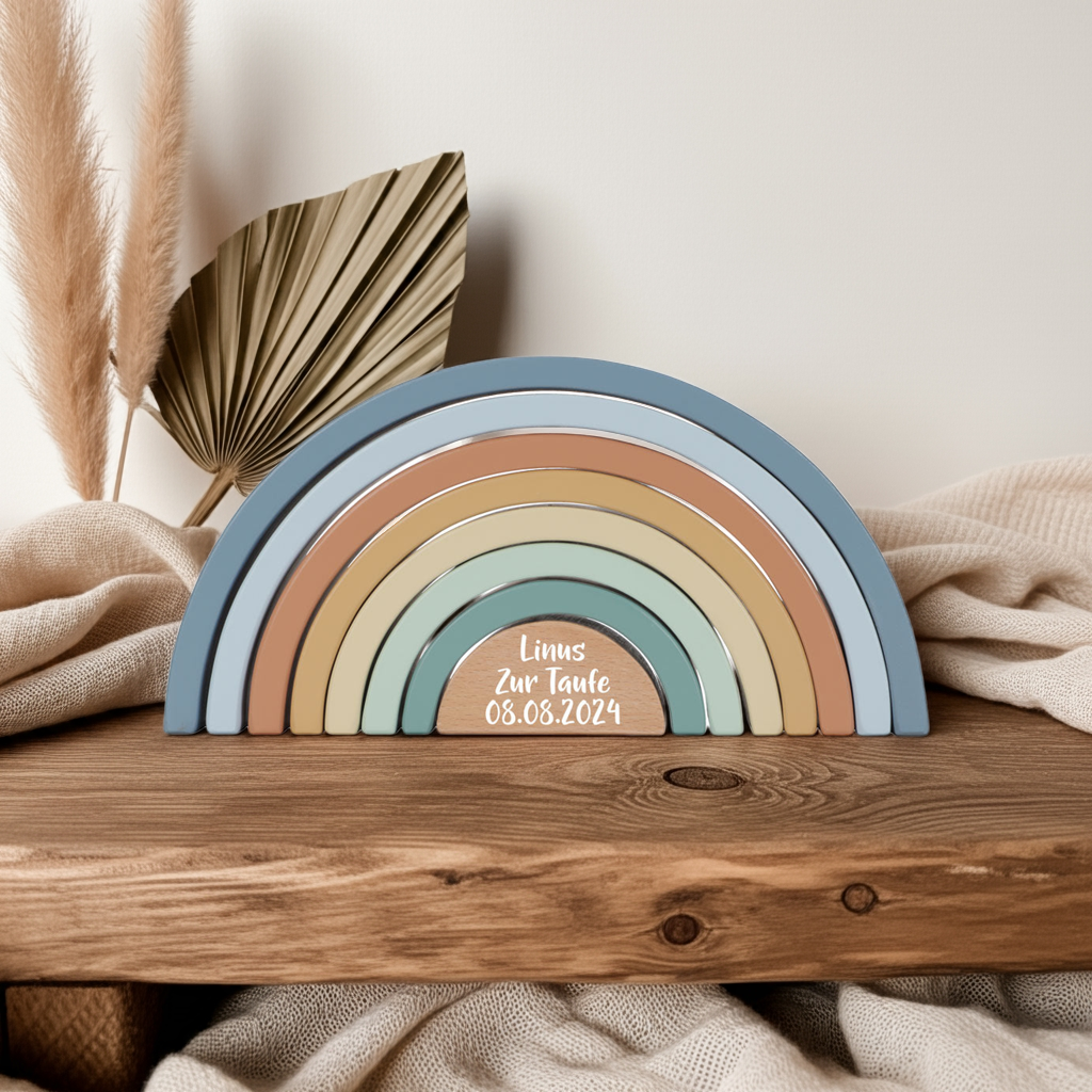 Personalisierter Stapelturm Regenbogen Forest Friends - Geschenk zur Taufe